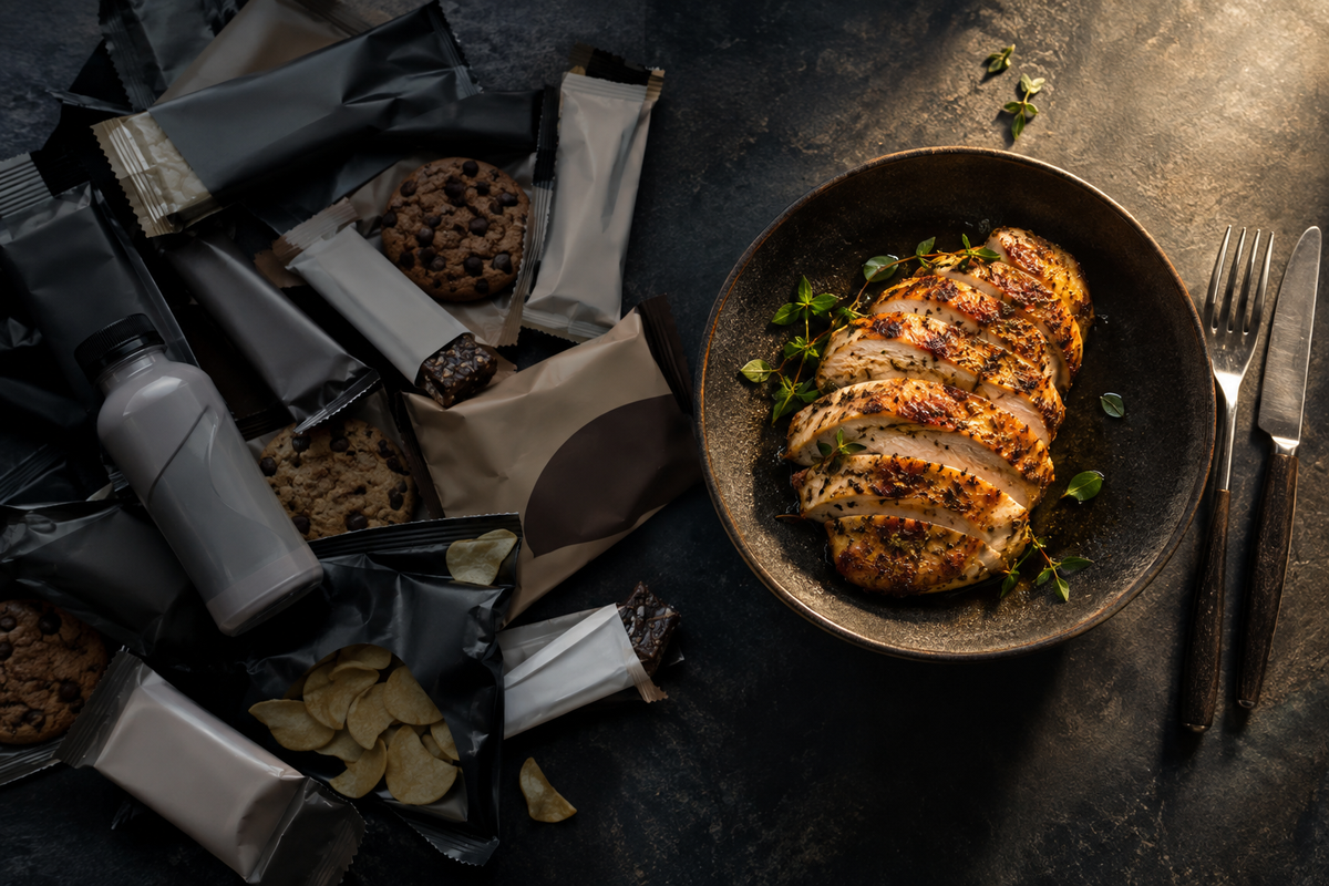 Flat lay of protein snack packaging beside one whole roasted HiPro chicken breast meal