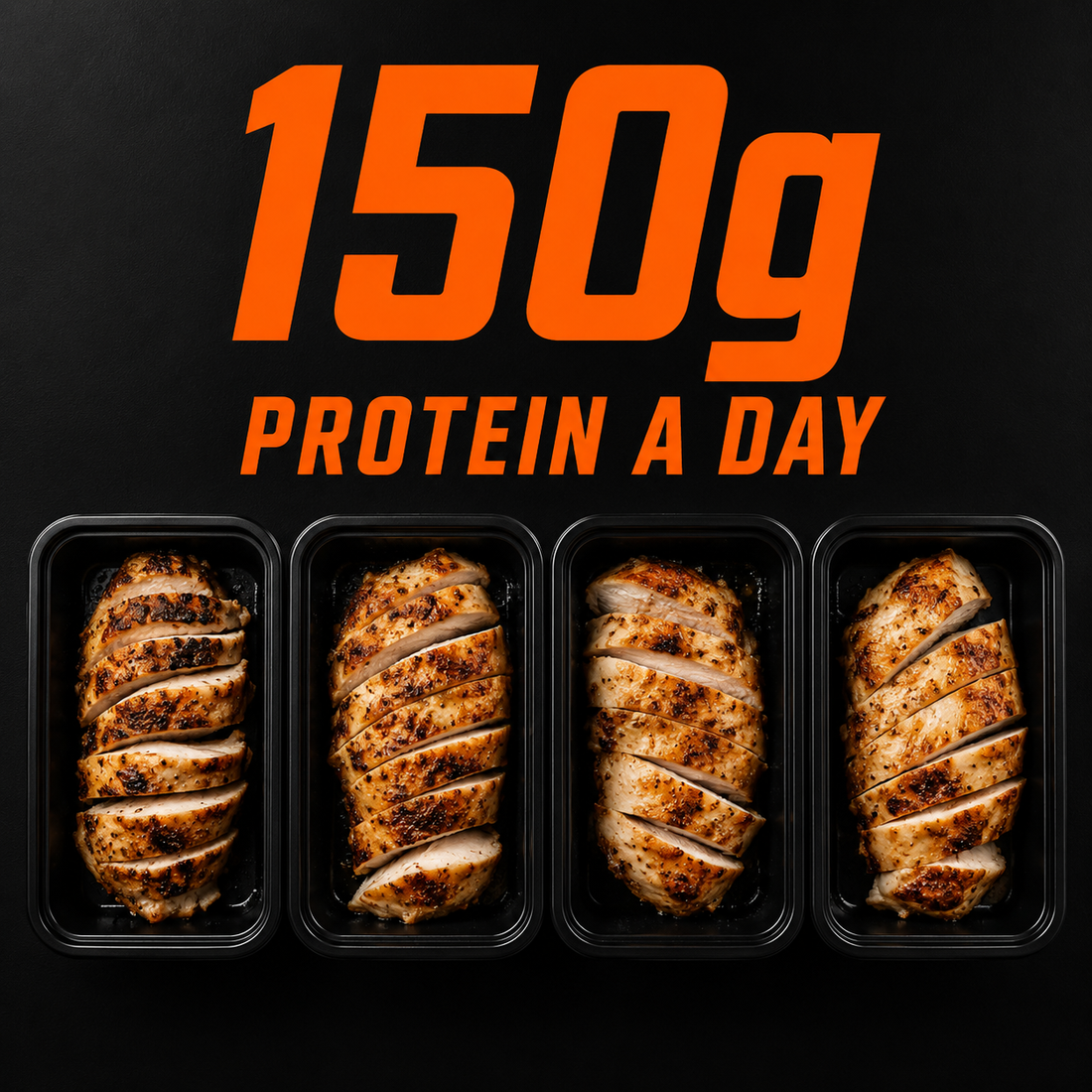 Four HiPro high-protein chicken meal boxes flat lay, 150g protein a day