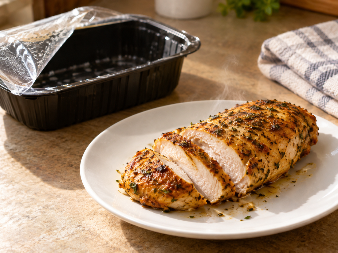 Sliced herb-crusted chicken breast on a white plate, steaming, next to an empty black meal tray