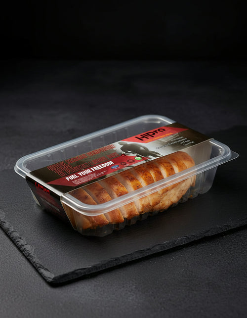 HiPro box - what you receive: one whole pre-cut roasted chicken breast in the sealed tray